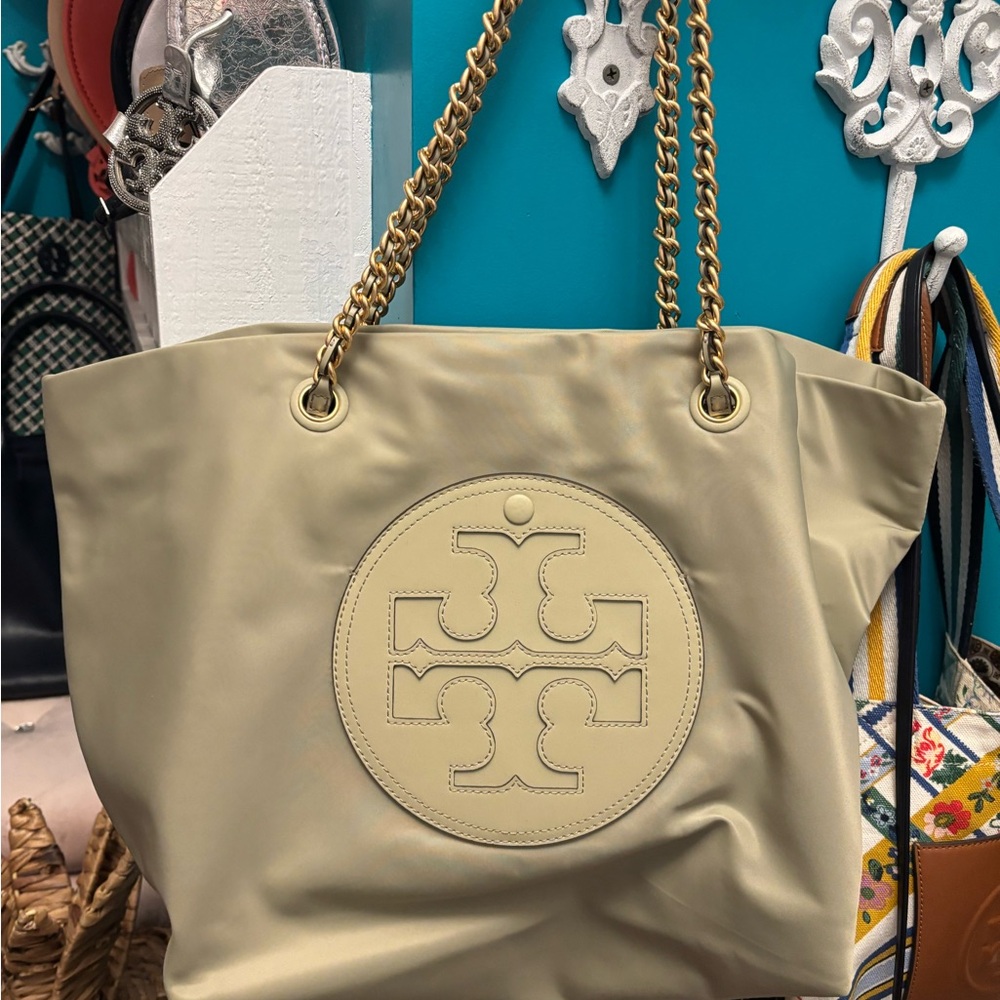 COPY - Tory Burch Tan and Green Tote with Gold Chain Handles